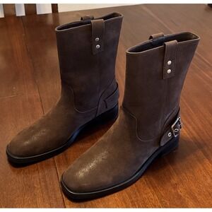 NWOB Women's Brown Suede Mid-Calf Boots Size 8 • Western Pull-On Block Heel